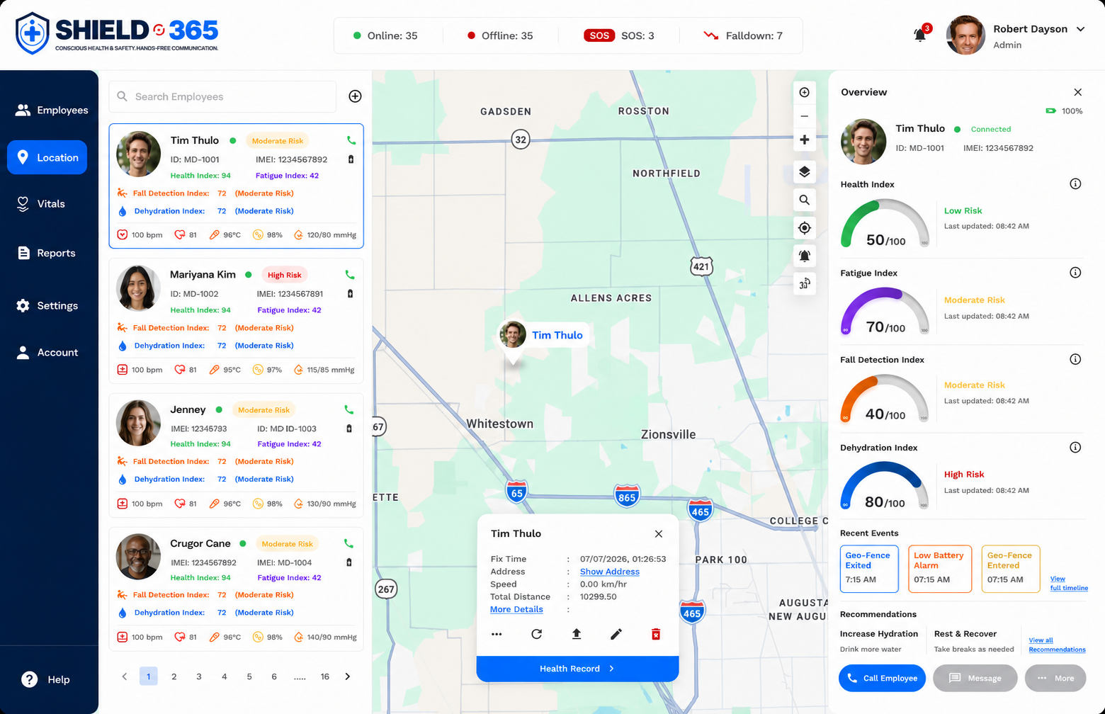 Shield-365® dashboard live map view showing worker location, geo-fence events, and an overview panel of health, fatigue, fall, and dehydration gauges